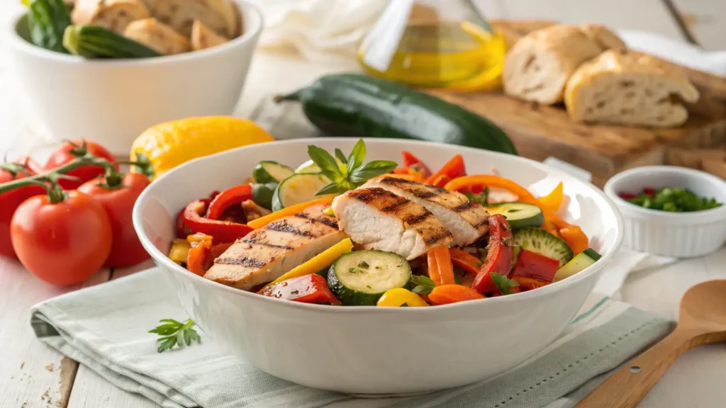Gemüsepfanne mit Hähnchen: 10 gesunde Varianten zum Ausprobieren 5 Bunte Gemüsepfanne mit saftigem Hähnchen und gegrilltem Gemüse in einer weißen Schüssel, serviert mit frischen Kräutern.
