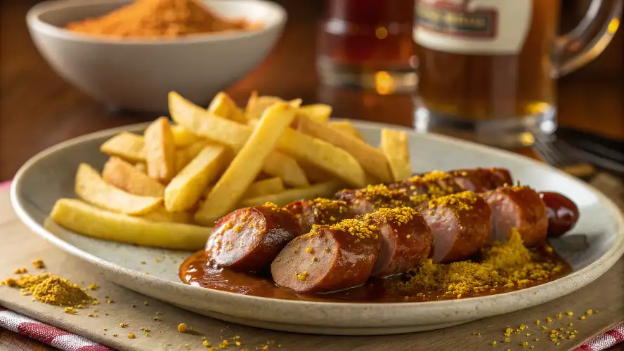 Ein Teller Currywurst mit Pommes, garniert mit Currypulver, serviert auf einem Holzbrett mit einer Schüssel Currypulver und einem Glas Bier im Hintergrund.