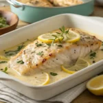 Fischfilet im Backofen mit Soße – saftiges, goldbraun gebackenes Fischfilet in cremiger Sauce, serviert mit frischen Kräutern und Zitronenscheiben.