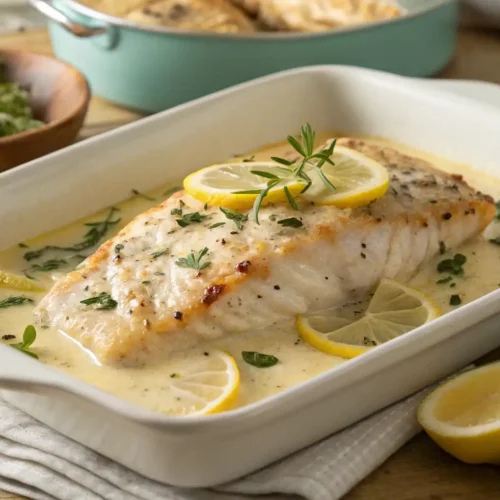 Fischfilet im Backofen mit Soße – saftiges, goldbraun gebackenes Fischfilet in cremiger Sauce, serviert mit frischen Kräutern und Zitronenscheiben.