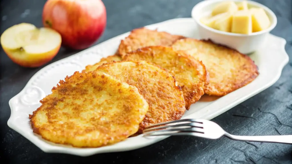 Frische Zutaten für hausgemachte Kartoffelpuffer mit Apfelkompott